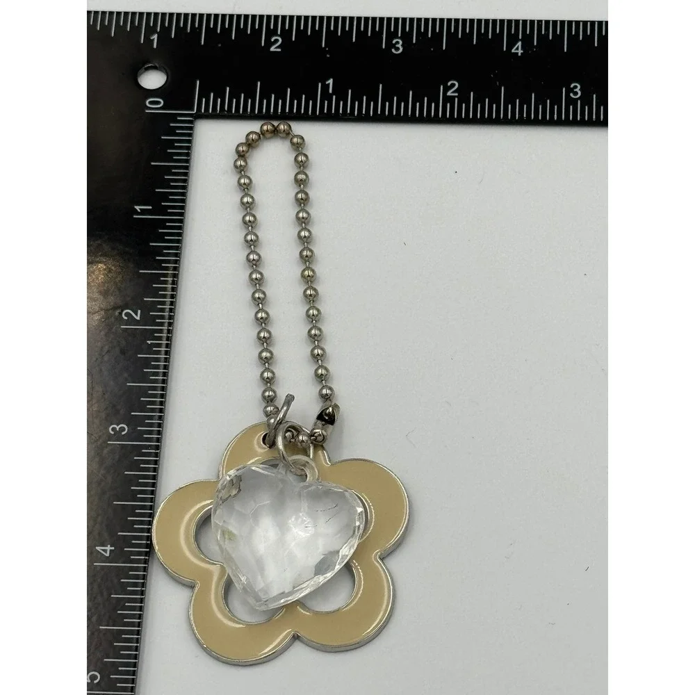 Tan Enamel Flower and Faceted Clear Heart Charm Keychain Silver Tone Ball‎ Chain